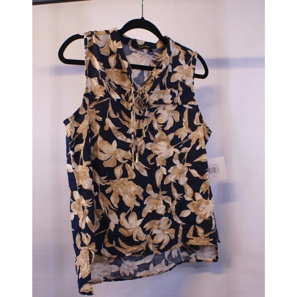 Ellen Tracy Top Women's Medium Navy Floral Sleeveless High Low Hem Lace Up Front